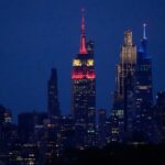 US: Two activists on top of the Empire State Building with a peace banner